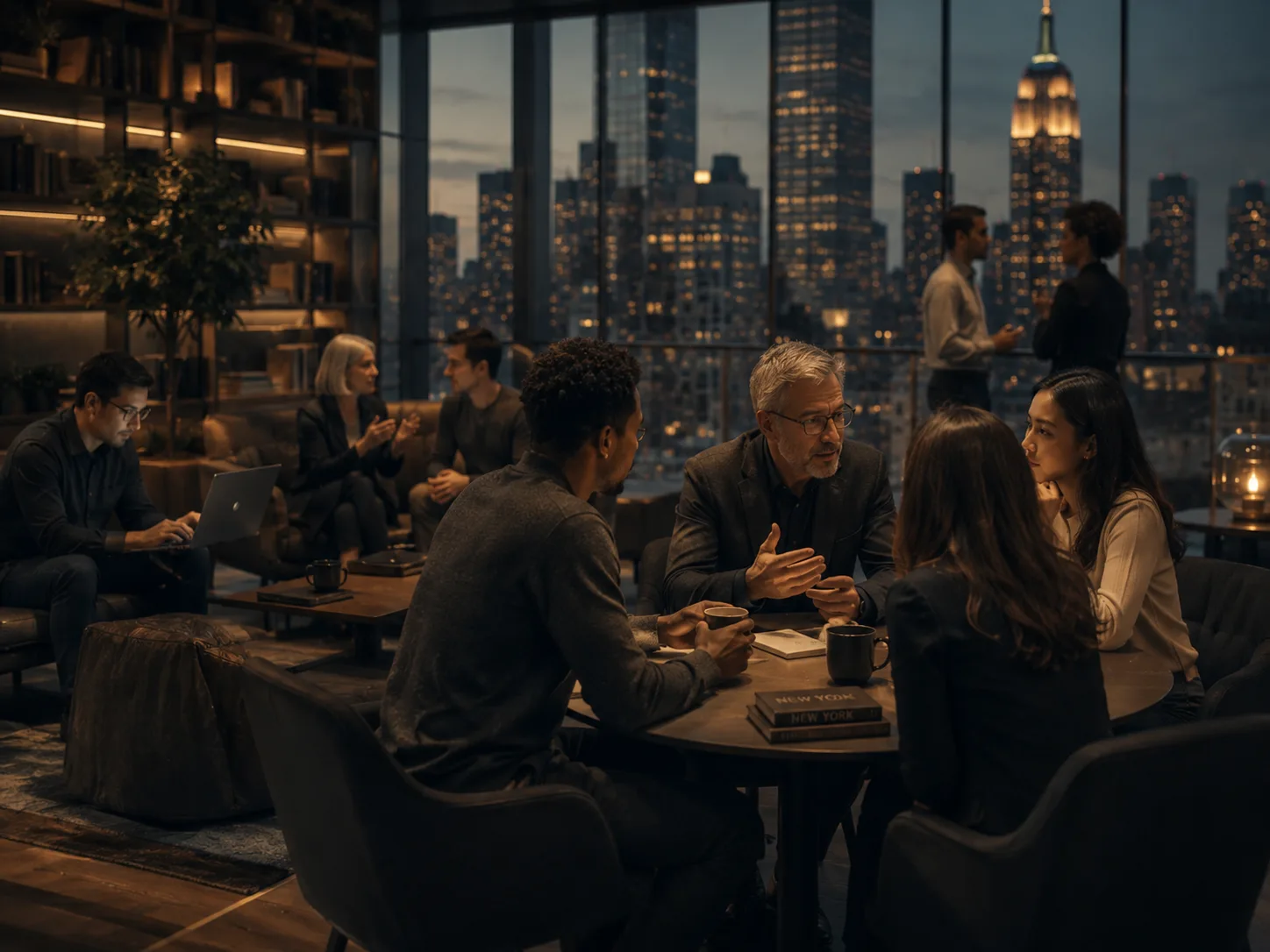 Illustrative multigenerational mentorship conversation in New York, representing a future alumni and professional network.