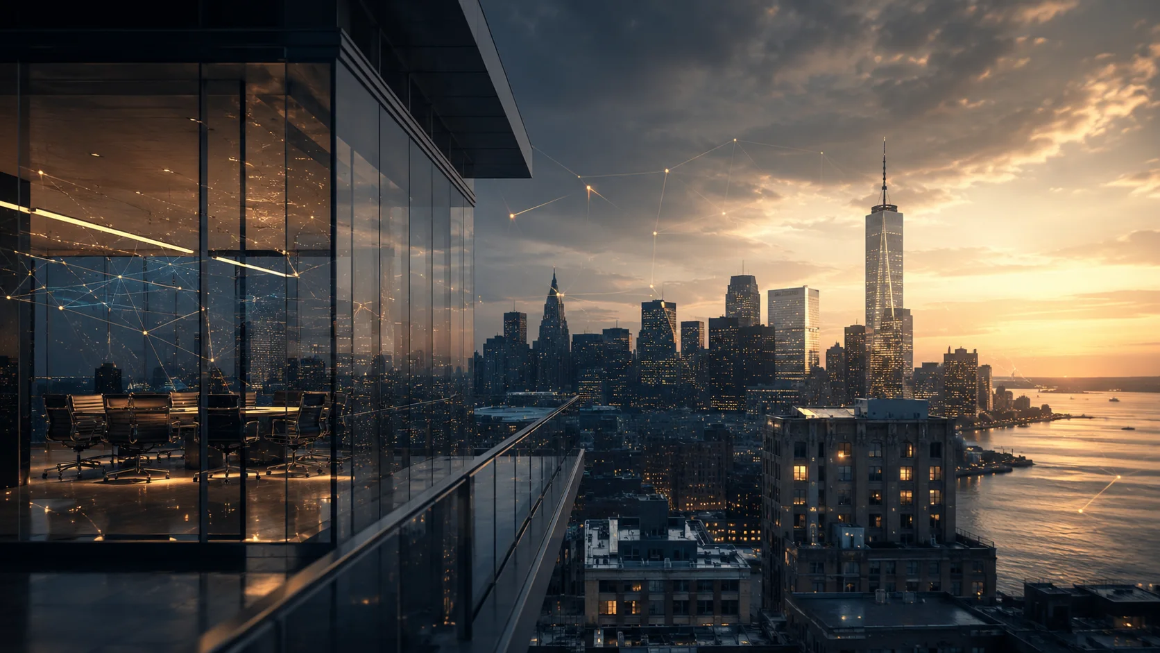 New York skyline viewed from a modern office, representing innovation, venture building, and capital pathways.