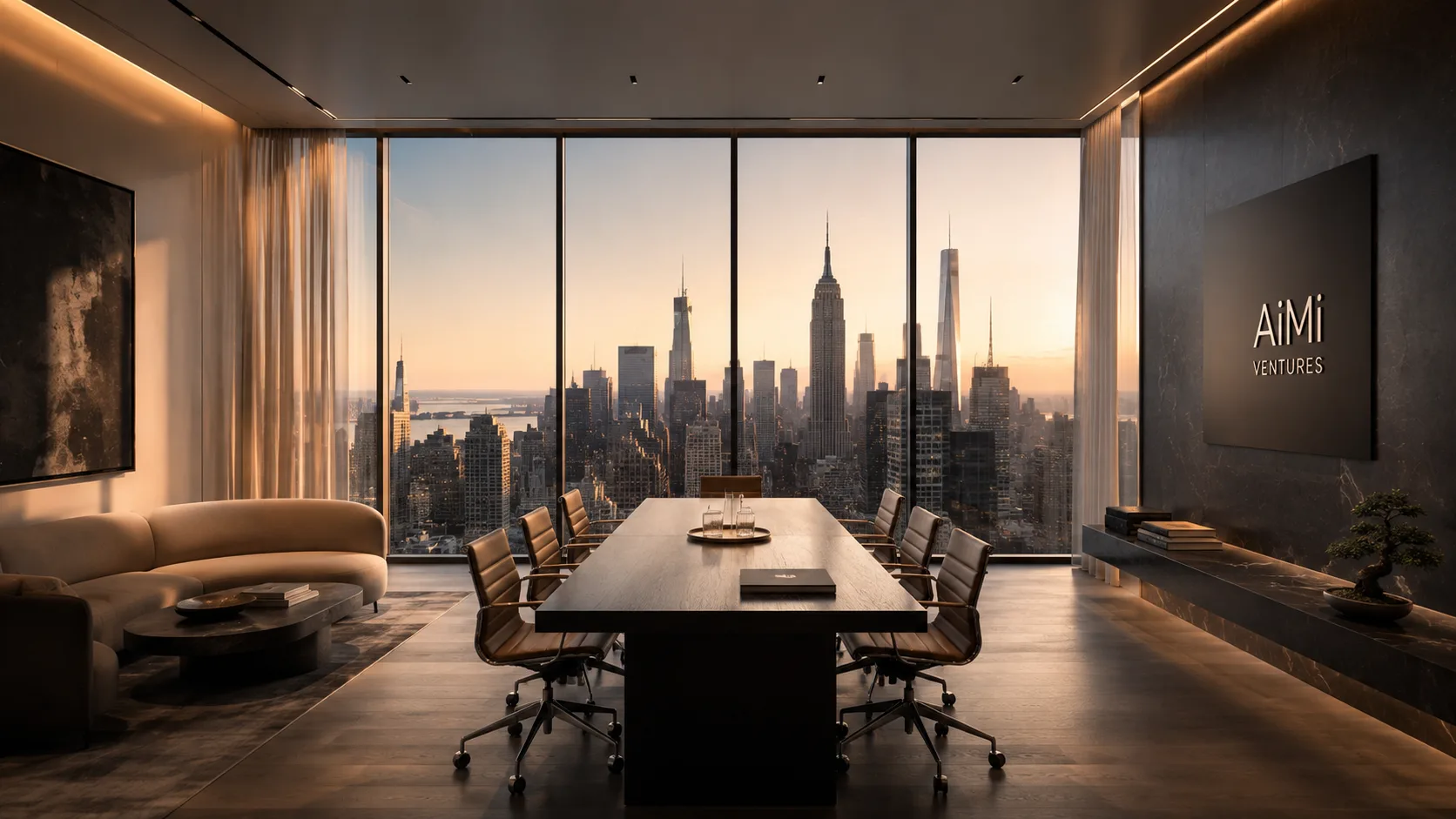 Illustrative AiMi Ventures boardroom overlooking New York, representing the firm's institutional orientation.