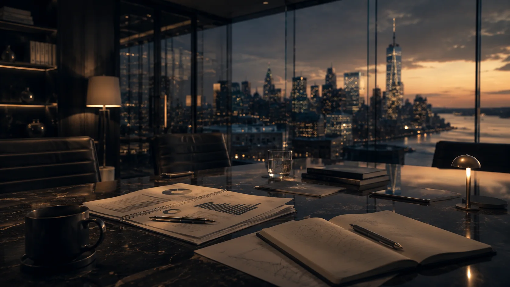 Strategy desk with analysis materials and the New York skyline, representing disciplined growth planning and capital readiness.