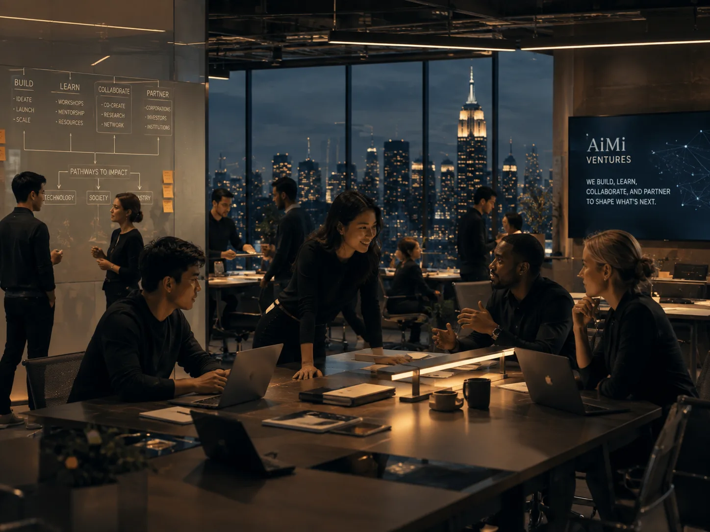Illustrative collaborative venture-building workspace in New York, representing learning, technology, teamwork, and partnership.