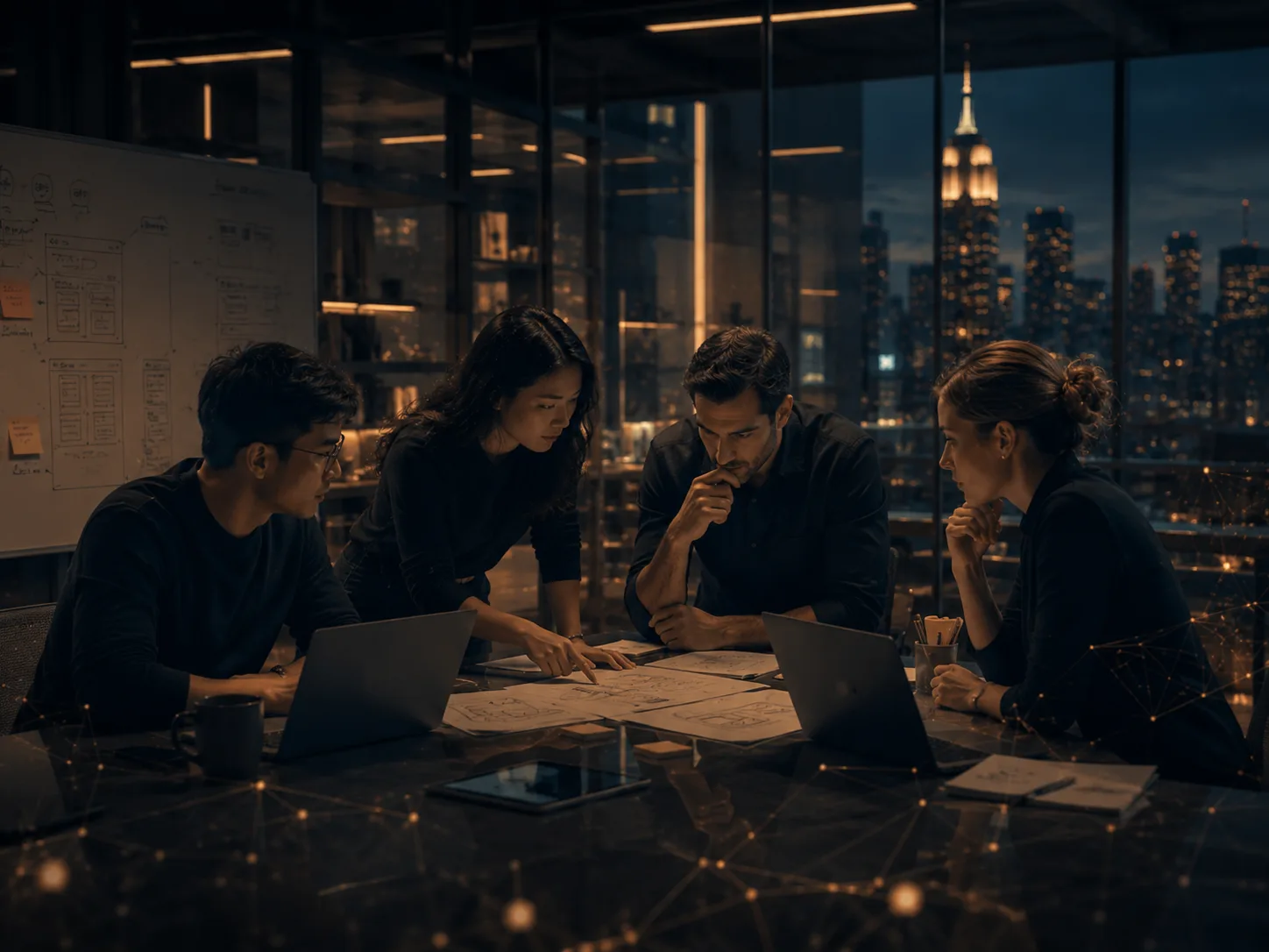 Team reviewing product concepts and venture plans in a modern innovation workspace.